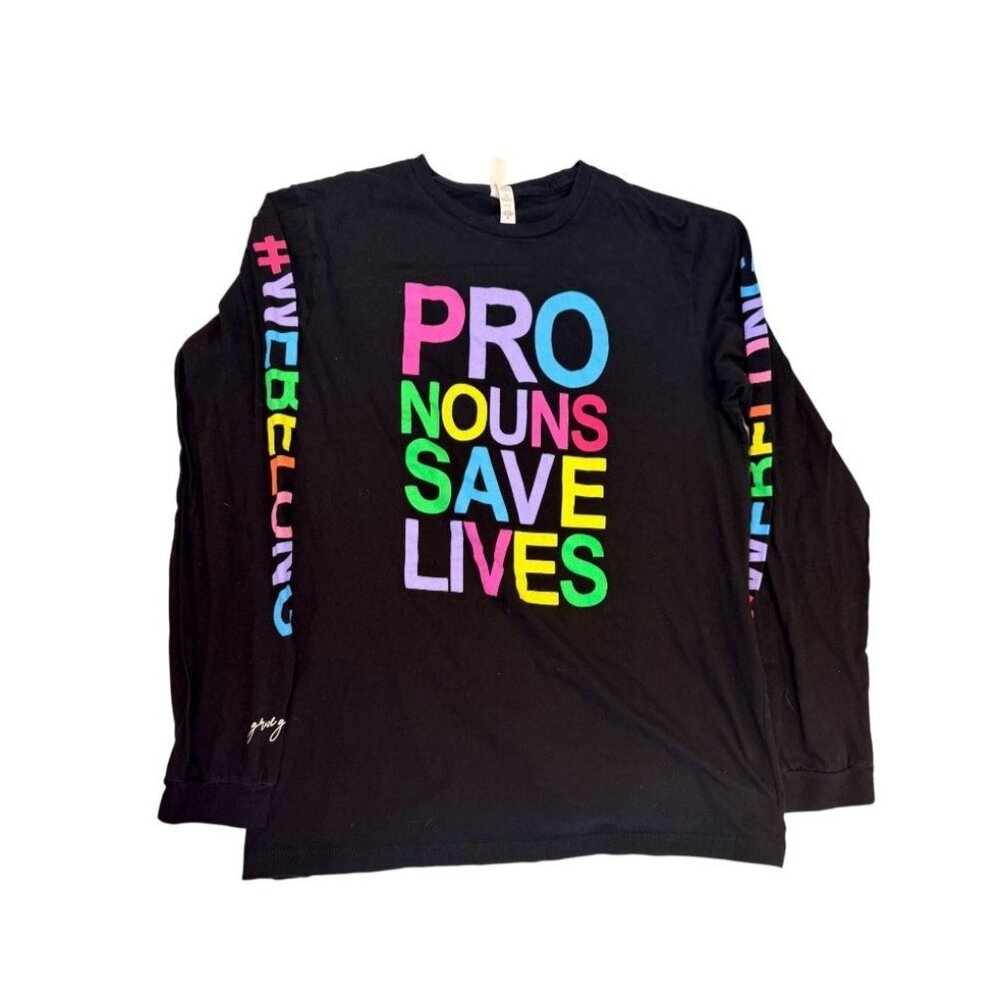 Pronouns Save Lives Rainbow Long Sleeve Graphic Tee Black Bella Canvas Unisex - Picture 2 of 9